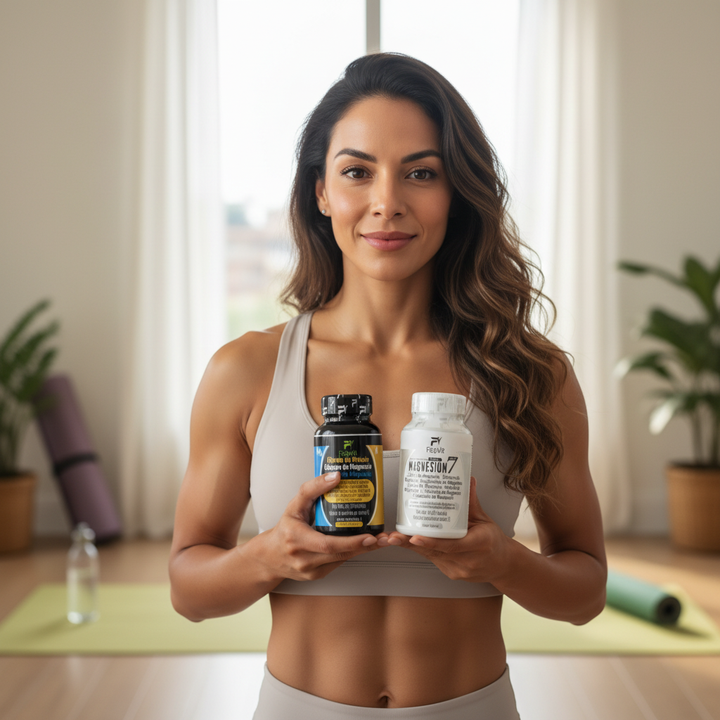 Mujer colombiana sosteniendo combo 7Magnesium Fitovit