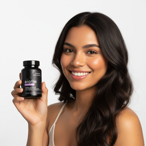 Mujer colombiana con cabello brillante sosteniendo Biotina Sports Research