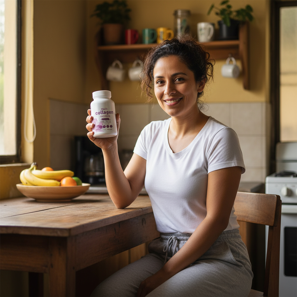 Mujer colombiana real en cocina casera sosteniendo Multi Colágeno Complex for Women