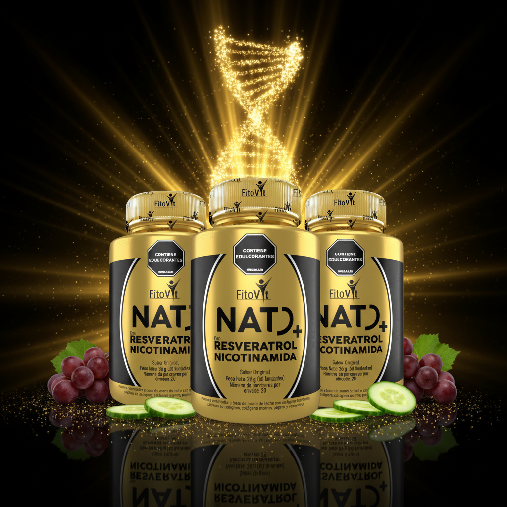 Pack x3 NAD+ Fitovit hook visual dramático dorado con uvas y ADN