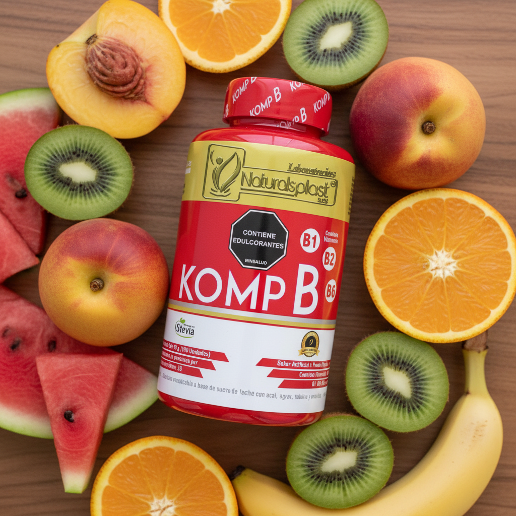 Komp B Naturalsplast con frutas ricas en vitaminas B1 B2 B3 B5 B6 sandía kiwi durazno plátano naranja