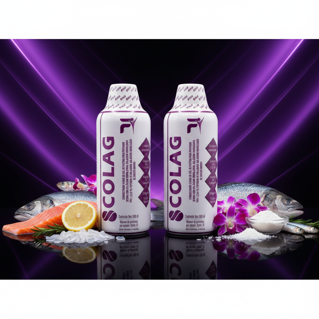 Pack x2 SCOLAG colágeno líquido hook visual dramático púrpura con orquídeas