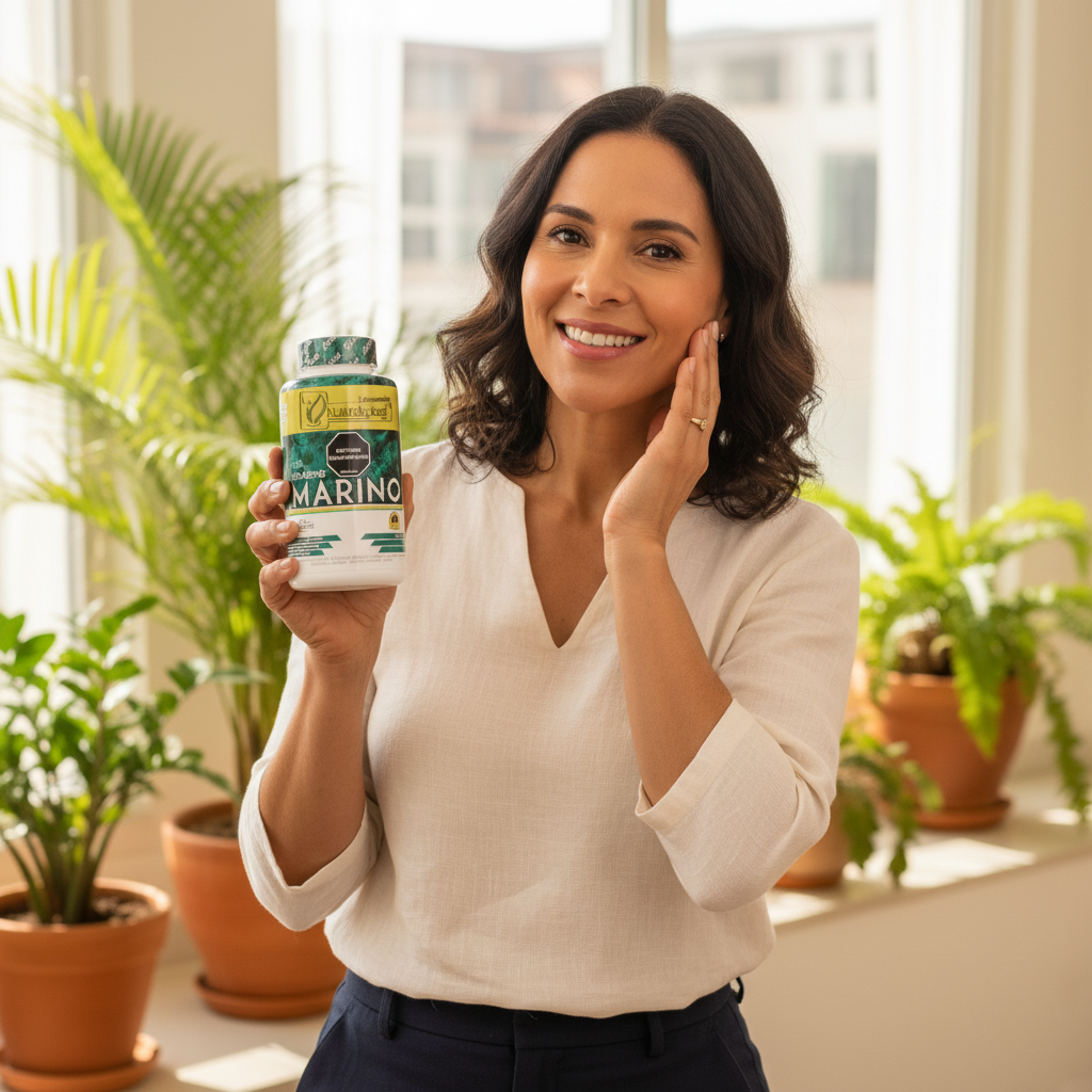 Mujer colombiana real 40 años con piel radiante sosteniendo Colágeno Marino Naturalsplast