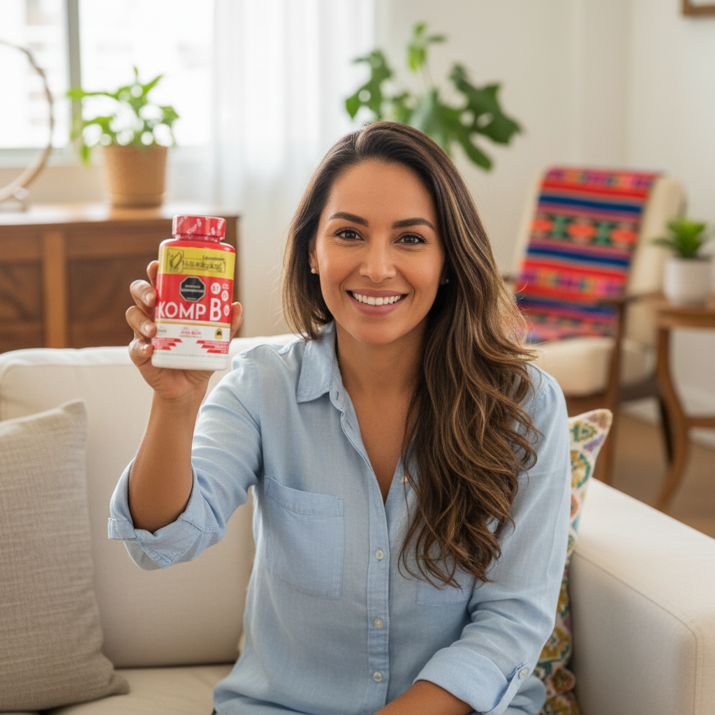 Mujer colombiana energética sosteniendo Komp B Naturalsplast