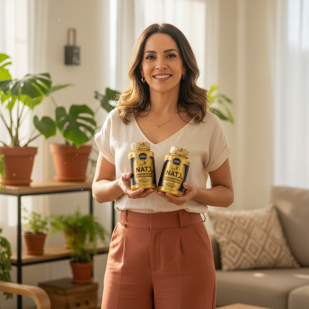 Mujer colombiana real 40 años vibrante con pack x2 NAD+ Fitovit