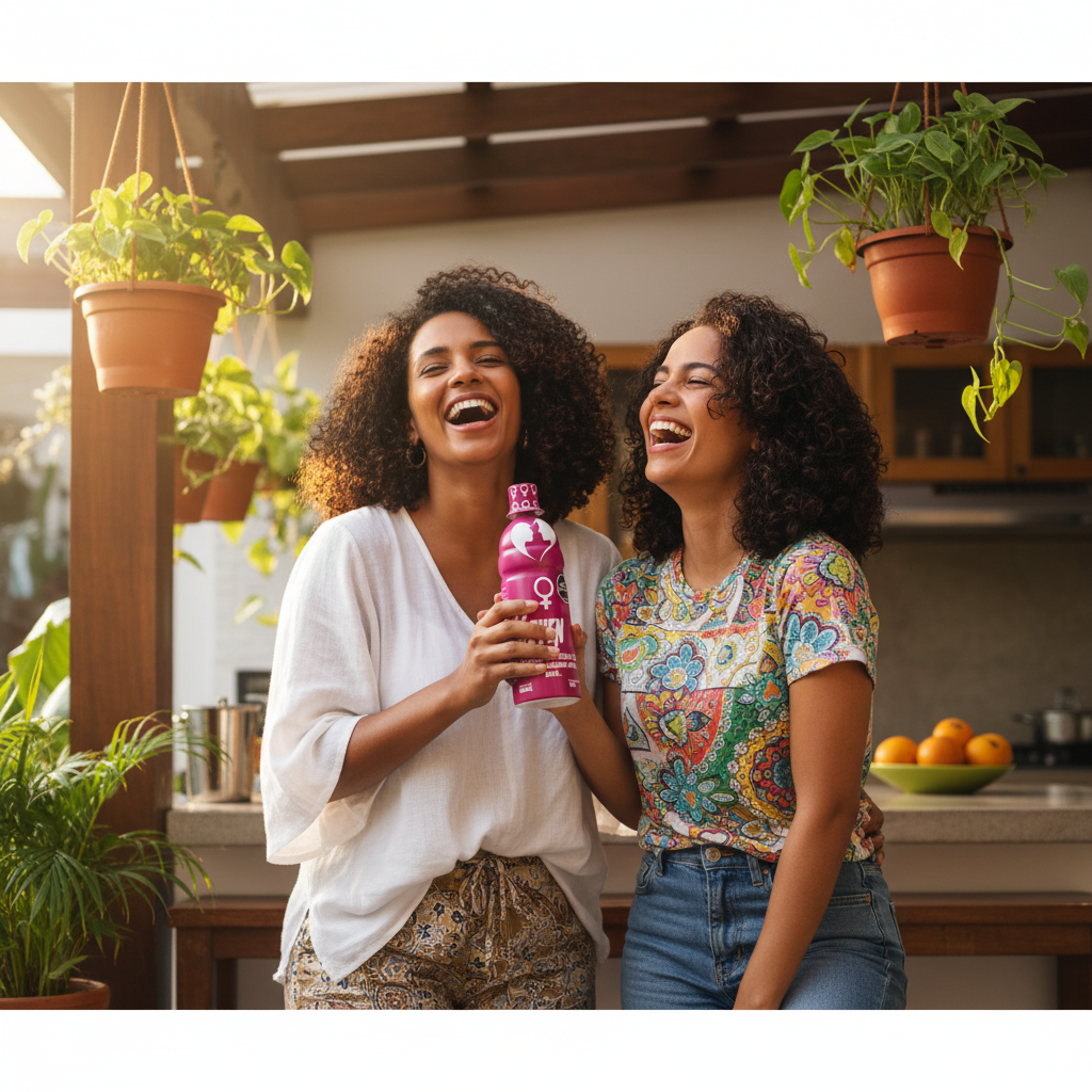 Dos mujeres colombianas reales celebrando con Seven Magenta Fitovit