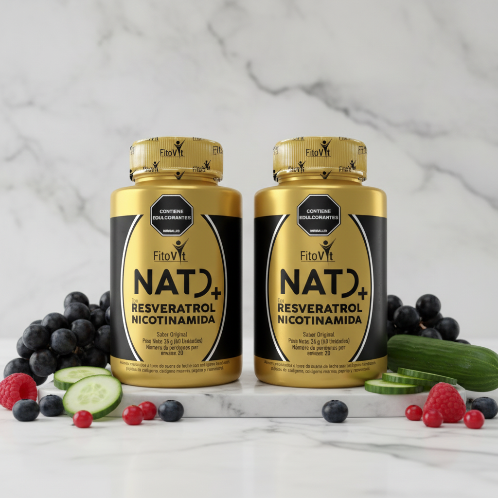 Pack x2 NAD+ Fitovit con uvas berries y pepino sobre mármol