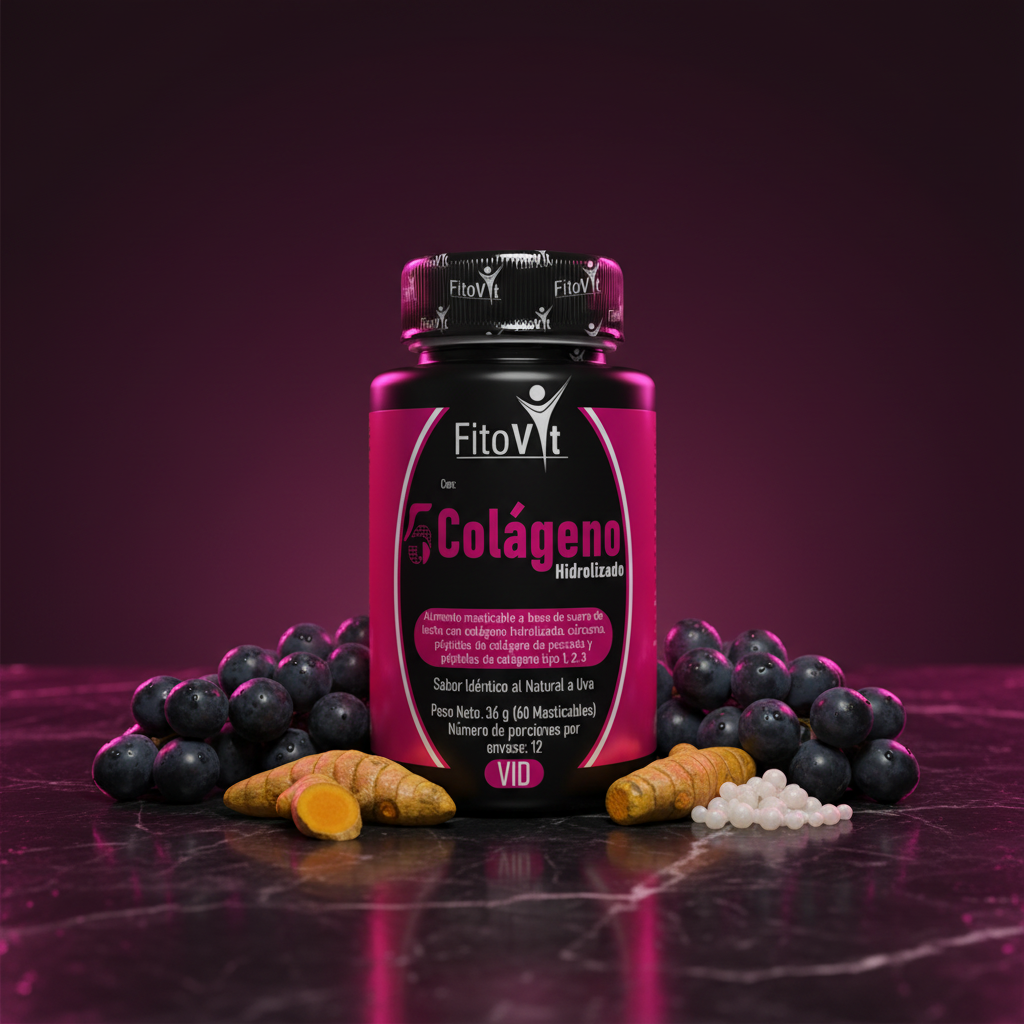 5 Colágenos Fitovit con uvas y cúcuma sobre superficie elegante