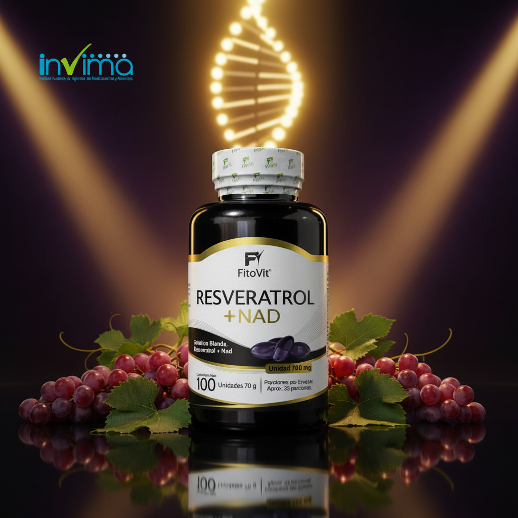 Resveratrol NAD Fitovit con uvas y efecto ADN fondo dramático dorado
