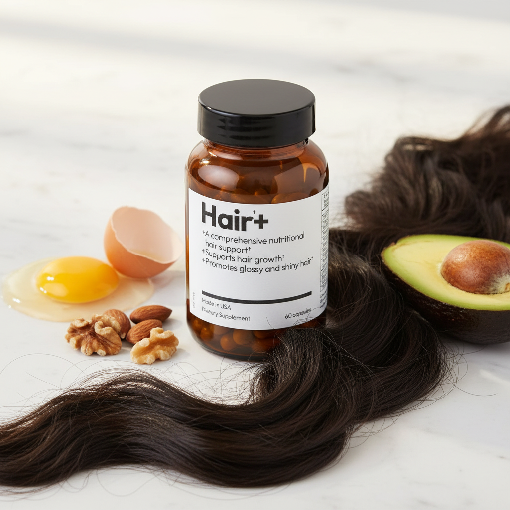 Hair+ suplemento capilar con ingredientes naturales sobre mármol