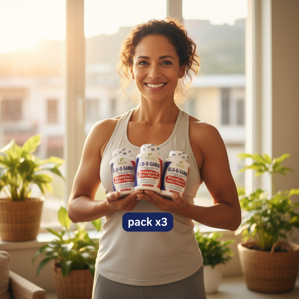 Mujer colombiana real 45 años activa sosteniendo pack x3 Glu-Q-Samin Fitovit