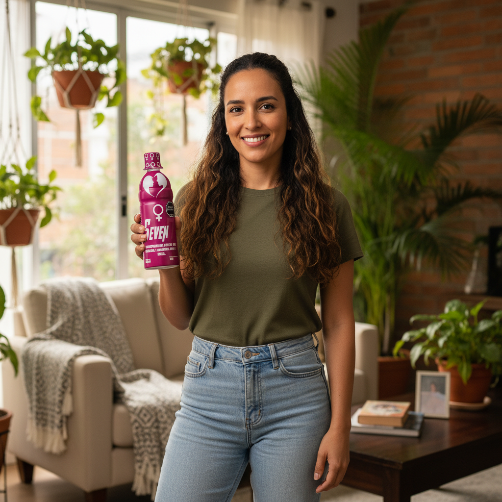 Mujer colombiana real energética sosteniendo Seven Magenta Fitovit