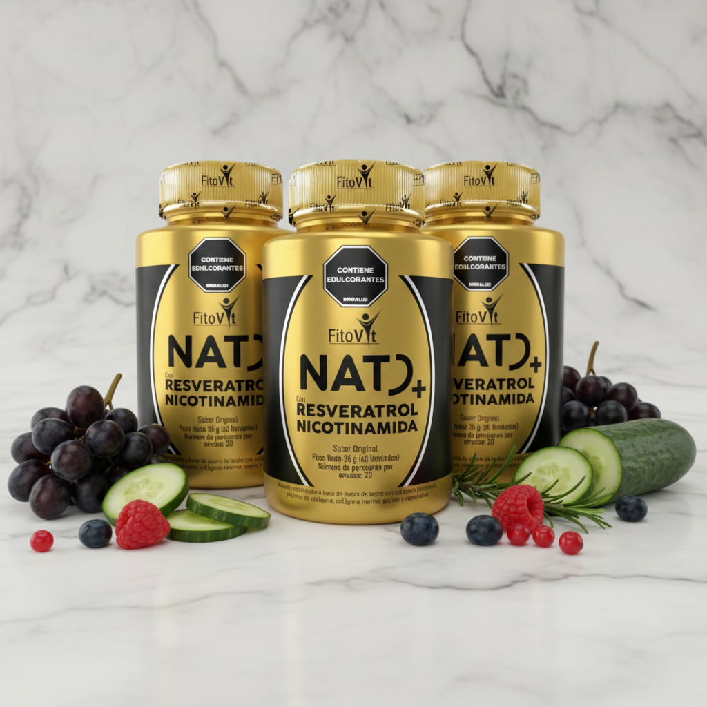 Pack x3 NAD+ Fitovit con uvas berries y pepino sobre mármol blanco