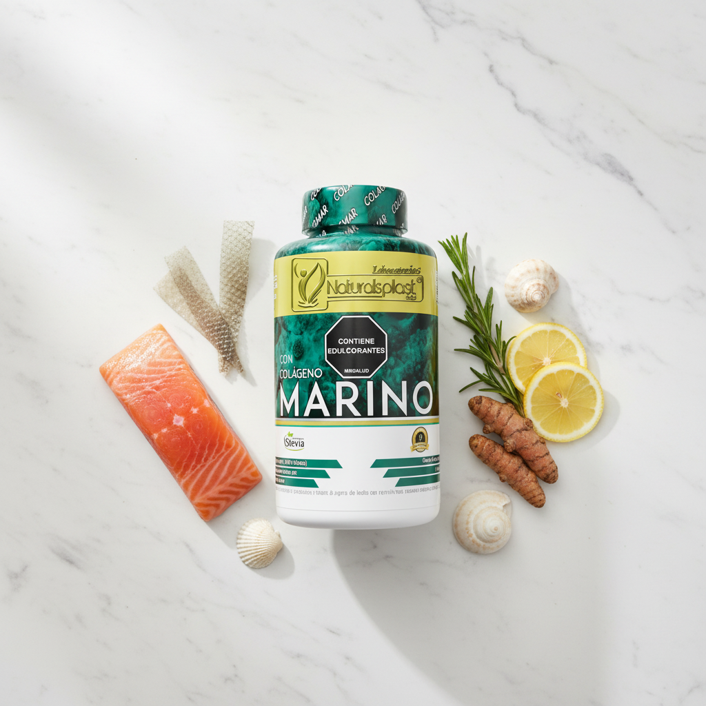 Colágeno Marino Naturalsplast con salmón cúcuma y romero sobre mármol