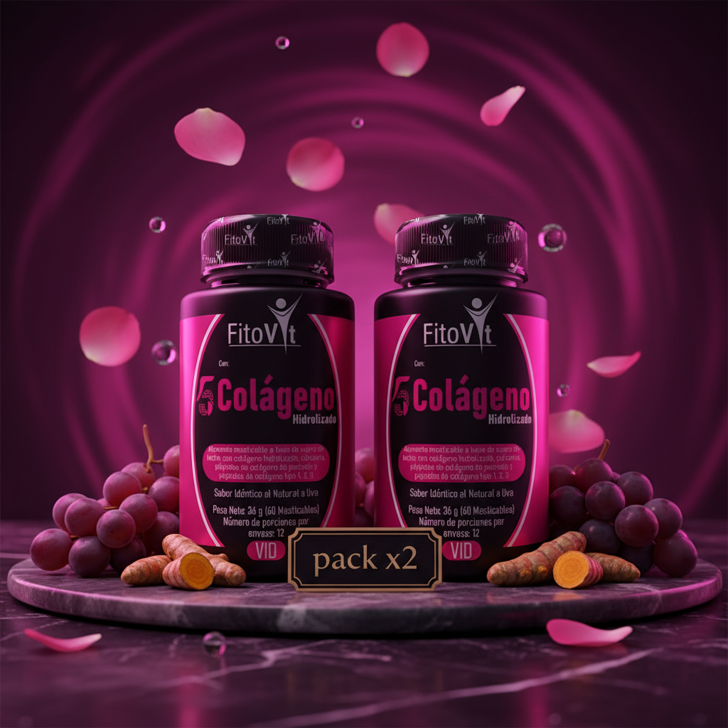 Pack x2 5 Colágenos Fitovit con uvas y pétalos sobre mármol