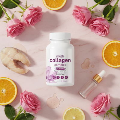 Multi Colágeno Complex for Women con rosas y ingredientes sobre mármol rosa