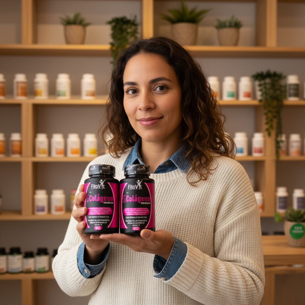Mujer colombiana real sosteniendo pack x2 5 Colágenos Fitovit en tienda wellness