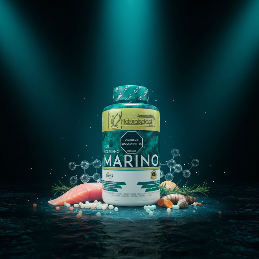Colágeno Marino Naturalsplast hook visual oceánico con pescado y conchas marinas