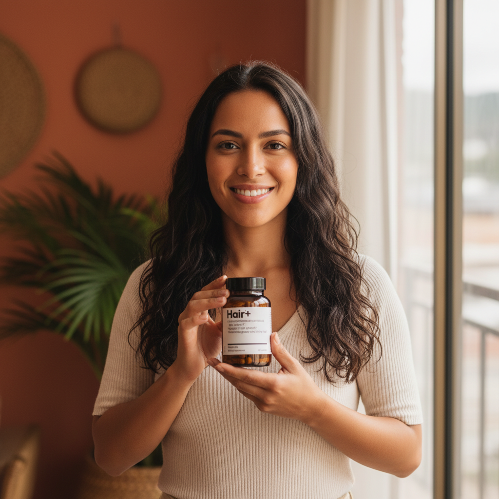 Mujer colombiana real con cabello natural sosteniendo Hair+