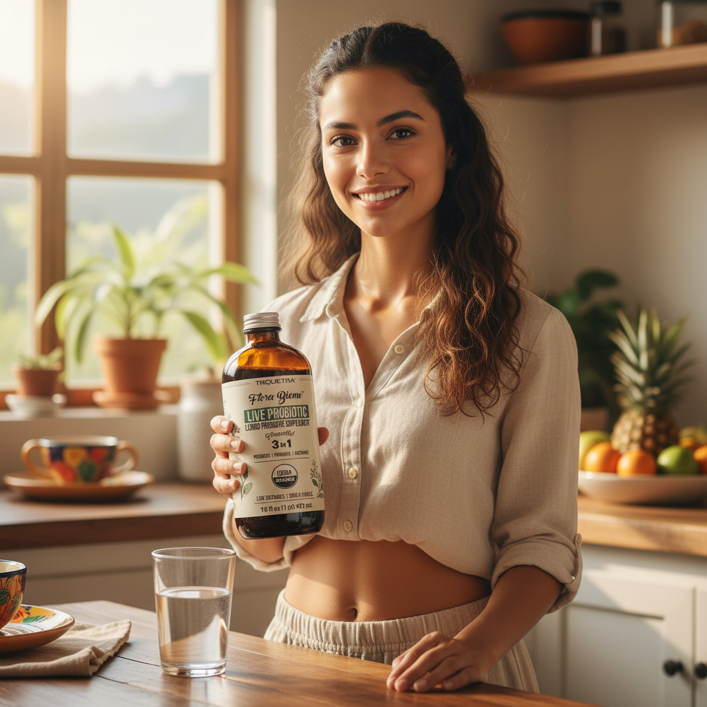 Mujer colombiana sosteniendo Flora Biome Probiotic en cocina