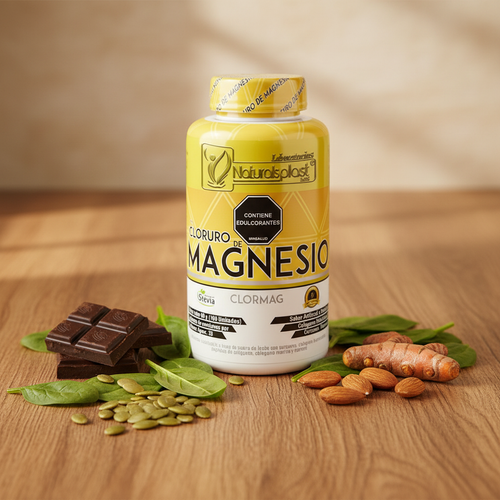 CLORMAG con chocolate oscuro espinaca almendras y cúcuma sobre madera