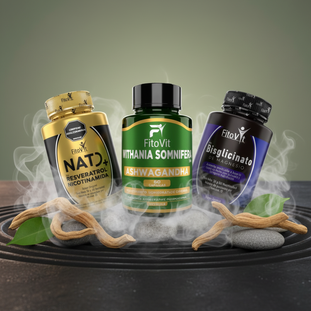 Combo Bisglicinato Ashwagandha NAD Fitovit con raíces y piedras zen