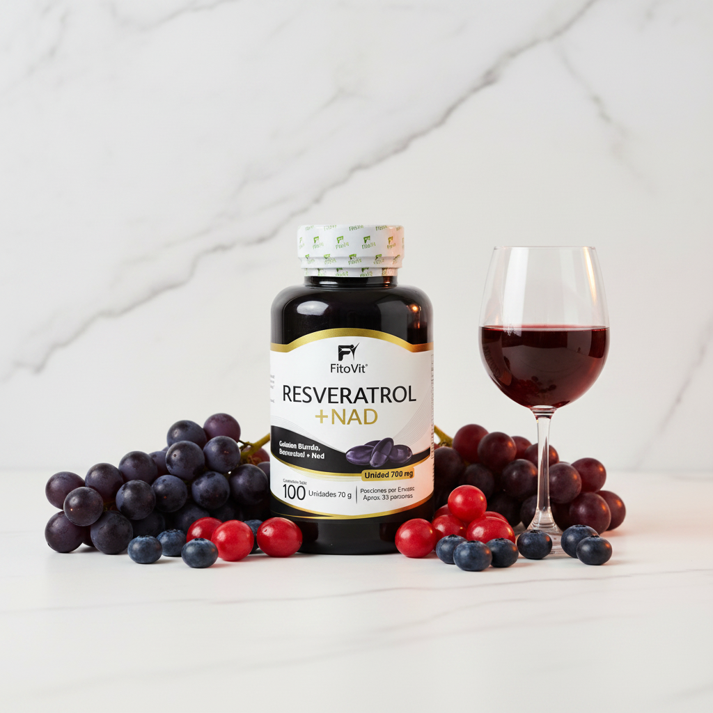 Resveratrol NAD Fitovit con uvas y berries sobre mármol blanco