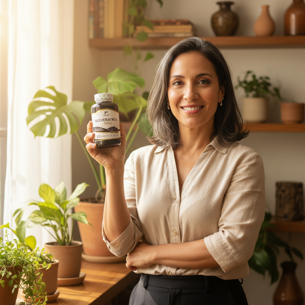 Mujer colombiana real de 40 años vibrante sosteniendo Resveratrol NAD Fitovit