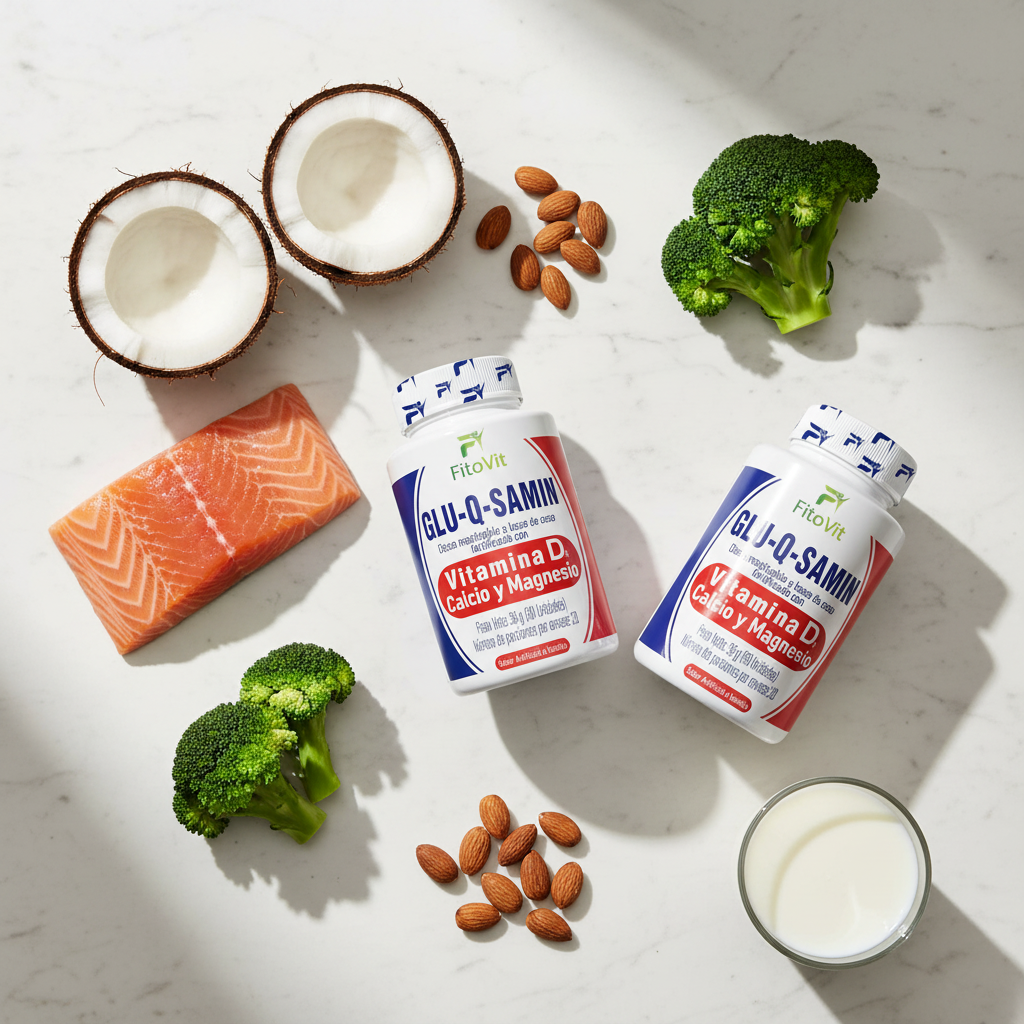 Pack x3 Glu-Q-Samin Fitovit con coco salmón brócoli y almendras sobre mármol
