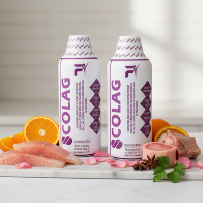 Pack x2 SCOLAG colágeno con pescado marino y cítricos sobre mármol